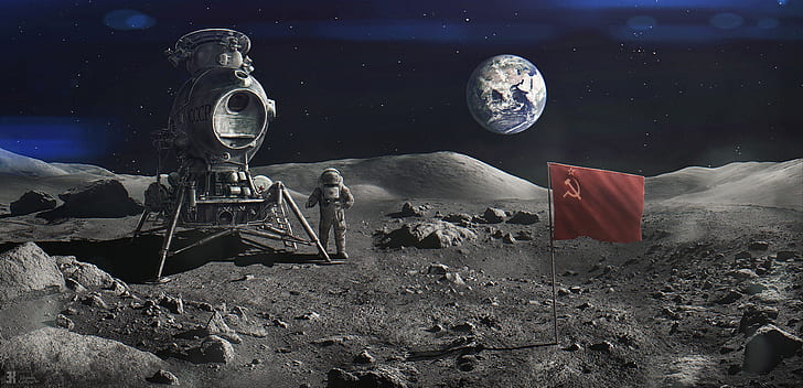 earth, astronaut, The moon, flag, USSR, Evgenij Kungur, Project N1-L3, HD wallpaper