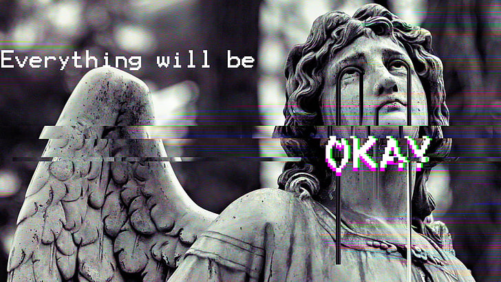 angel statue with text overlay, glitch art, vaporwave, Greek mythology