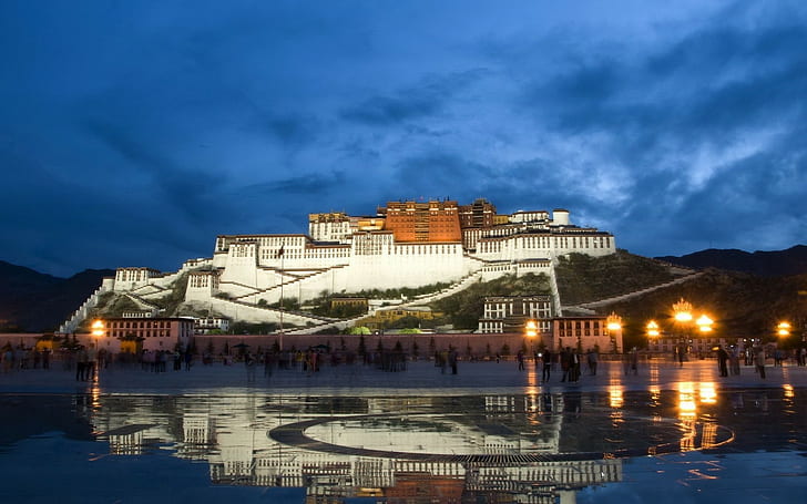 architecture, Buddhism, clouds, Evening, Hill, Lhasa, Lights, HD wallpaper