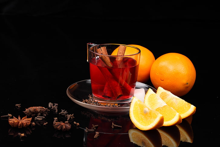 clear pint glass, table, tea, oranges, Cup, drink, cinnamon, carnation