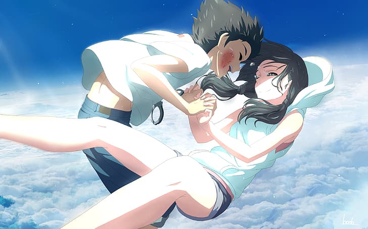 Tenki no Ko, Hodaka Morishima, Hina Amano, anime, falling, clouds, HD wallpaper