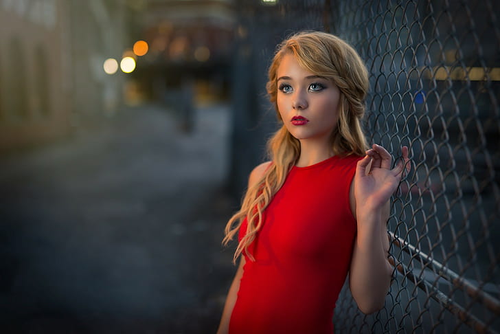 women outdoors, red dress, fence, urban, 500px, blonde, Kyle Cong