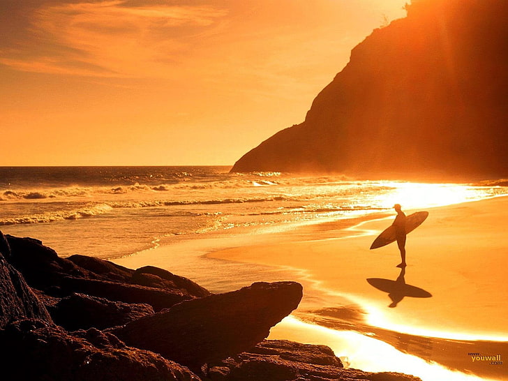 silhouette of person, beach, surfers, sunlight, sea, rock, surfboards, HD wallpaper