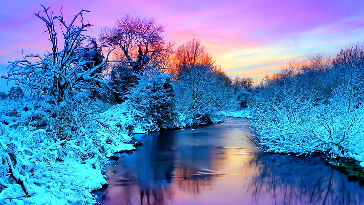 frost, river, stream, snowy, evening, watercourse, morning, HD wallpaper