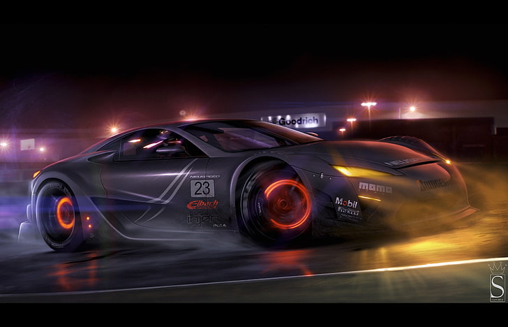 black racing car, sports car, tuning, digital art, motion, transportation, HD wallpaper