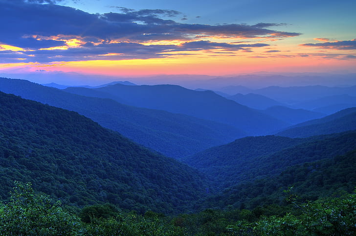 sunset above foggy hills, Smokey Mountains, Longview, North Carolina, HD wallpaper