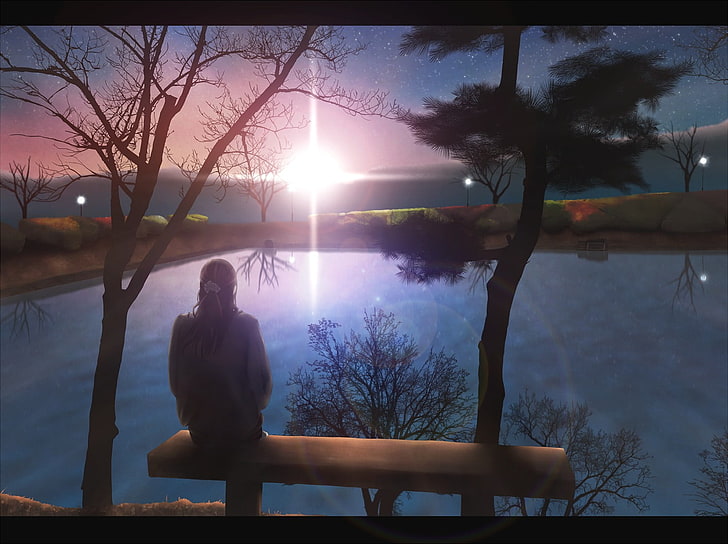 HD wallpaper: anime, anime girls, sitting, alone, lake, sunset, original  characters | Wallpaper Flare