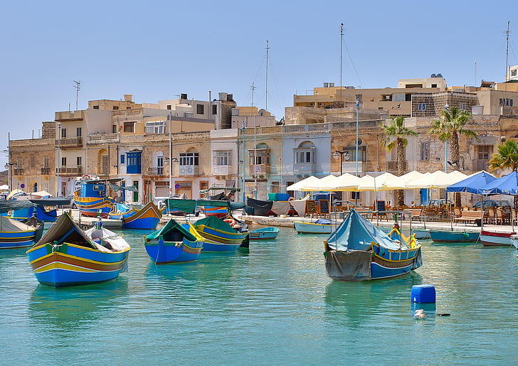 boat, Malta, village, harbor, fishing boat, palm trees, HD wallpaper