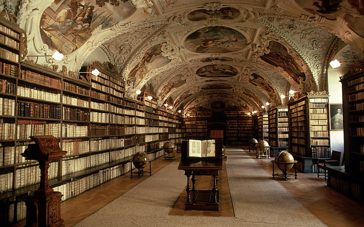 library interior, books, shelves, globes, Prague, Czech Republic