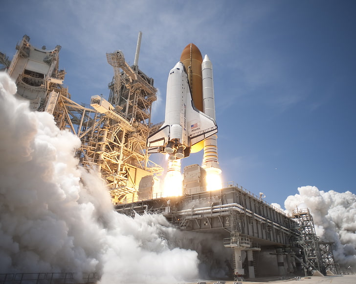 NASA, Space Shuttle Atlantis, smoke, platform, sky, building exterior, HD wallpaper