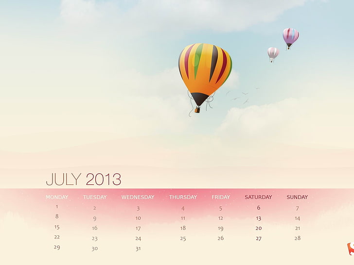 Hot Air Balloon-July 2013 calendar desktop wallpap.., hot air balloon illustration, HD wallpaper