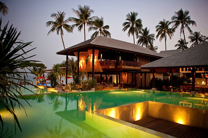 Spa Beach Hotel, infinity pool, exotic, tropical, islands, resort, HD wallpaper
