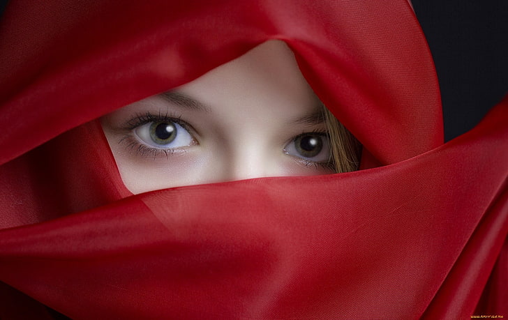 veils, eyes, face, women, model, red, one person, portrait, HD wallpaper