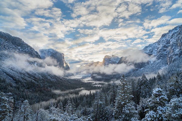 winter, forest, clouds, mountains, valley, CA, Yosemite, California, HD wallpaper