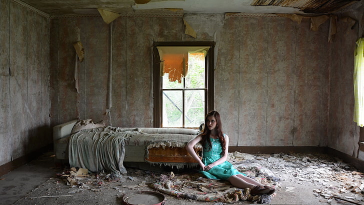 abandoned, women, dress, ruin, ruins, model, sitting, one person