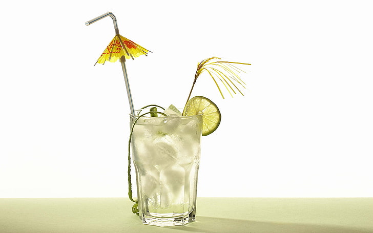 clear drinking glass, lemon, white, ice, water, cocktail, freshness