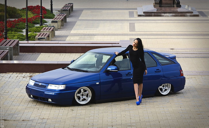 blue Lada 112, girl, area, heels, 2112, VAZ, car, women, transportation, HD wallpaper