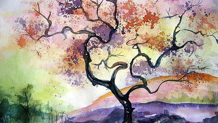 bare tree painting, watercolor, artwork, warm colors, nature, HD wallpaper