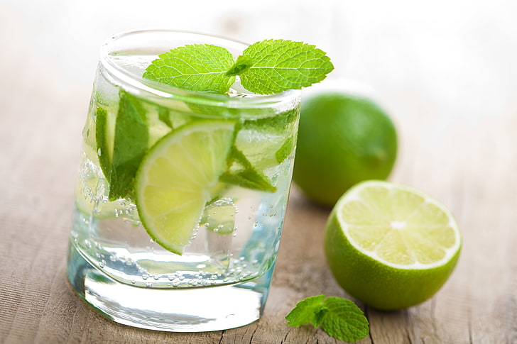 clear drinking glass, water, lime, mint, Fresh, lemon, citrus Fruit