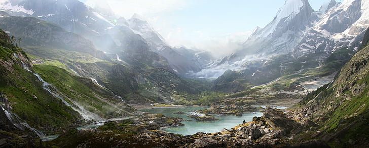 mountains, lake, Thomas Galad, landscape, matte paint, valley, HD wallpaper