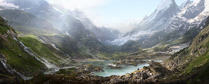 body of water, Thomas Galad, matte paint, landscape, nature, mountains