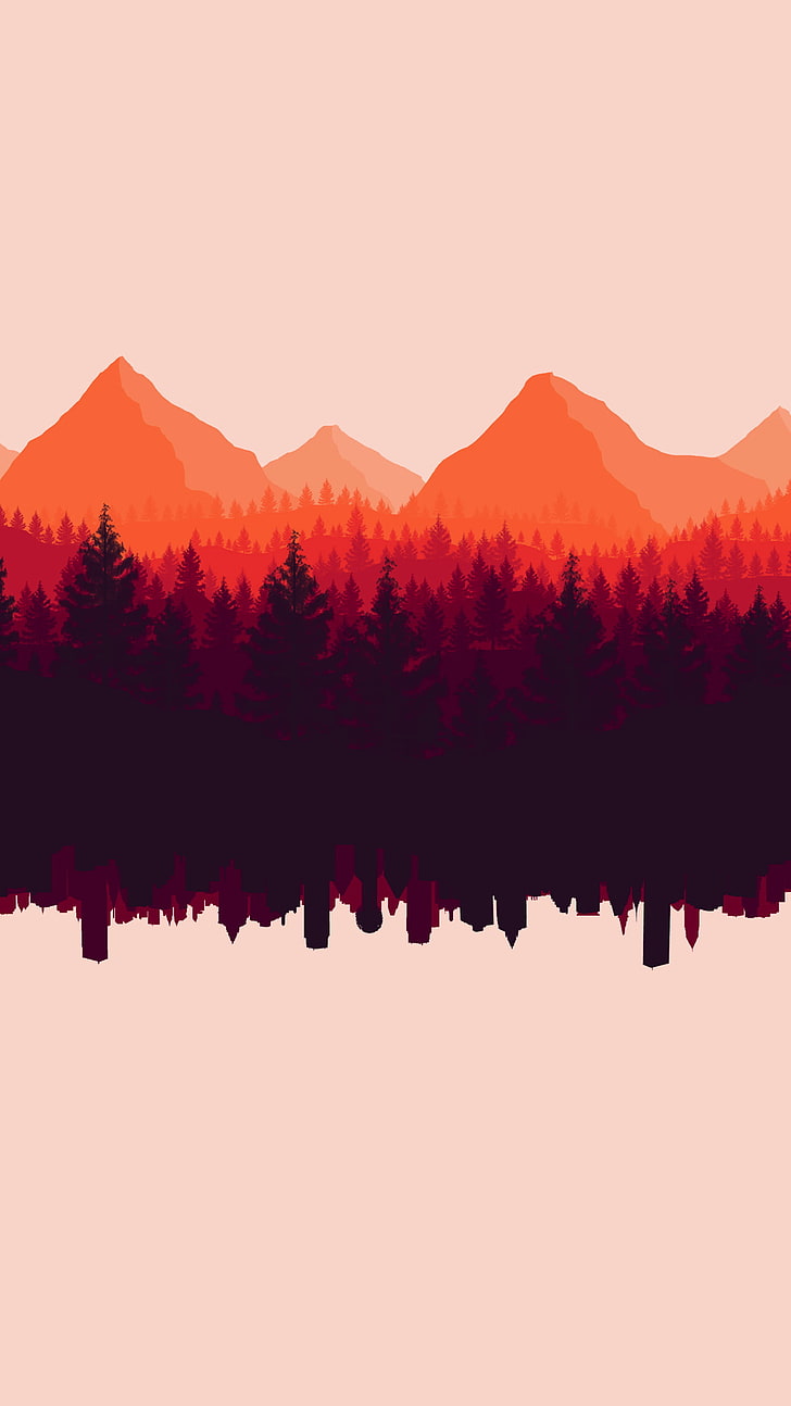 black and orange trees and mountains illustration, digital art
