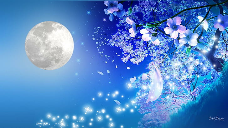 Nights Blue Tenderness, romantic, cherry blossoms, grass, bright, HD wallpaper