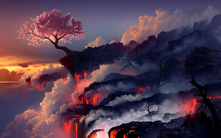 nature landscape fantasy art fire trees smoke lava cherry blossom artwork digital art fightstar album artwork, HD wallpaper