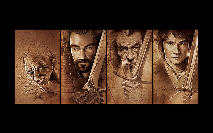 four Lord of the Rings character illustrations, swords, Gollum