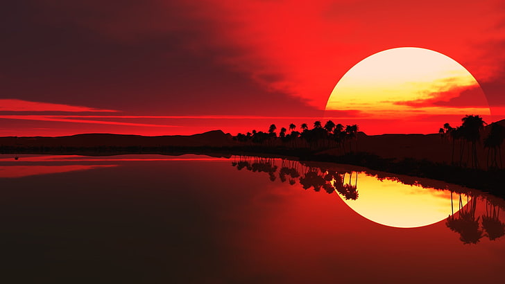 orange sun, sunset, nature, reflection, sunlight, trees, water, HD wallpaper
