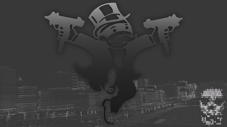 grey man holding two pistols illustraiton, gun, monopoly, hacking