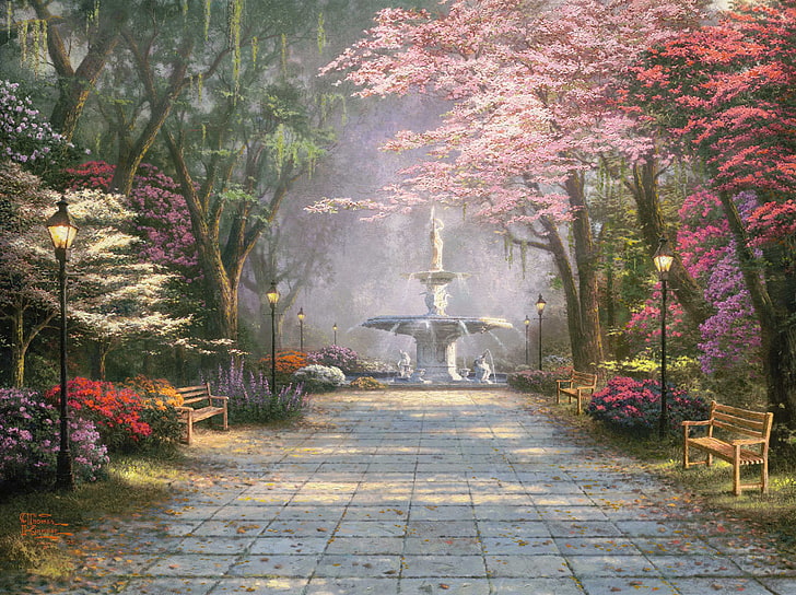 trees and fountain painting, flowers, Park, lights, lantern, alley