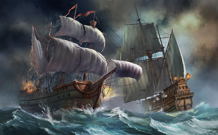 two sailing ships on body of water illustration, sea, storm, explosion