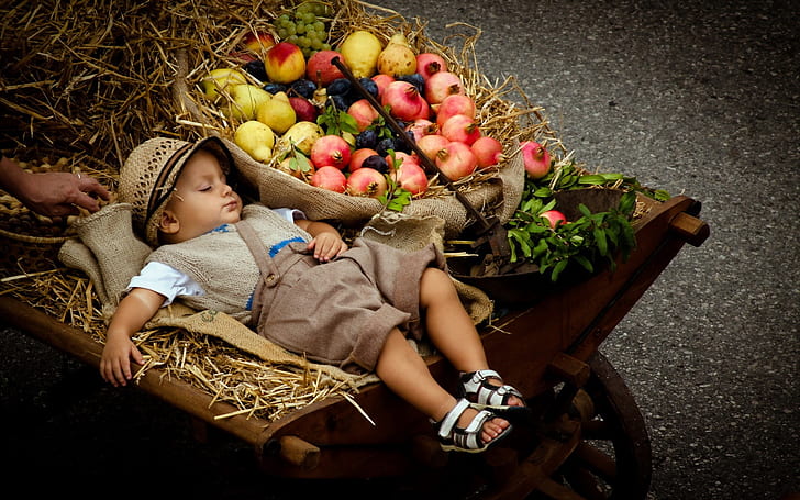 HD wallpaper: Cute boy sleeping, stroller, fruits, baby's white top, brown  wicker hat; brown pants and white sandals] | Wallpaper Flare