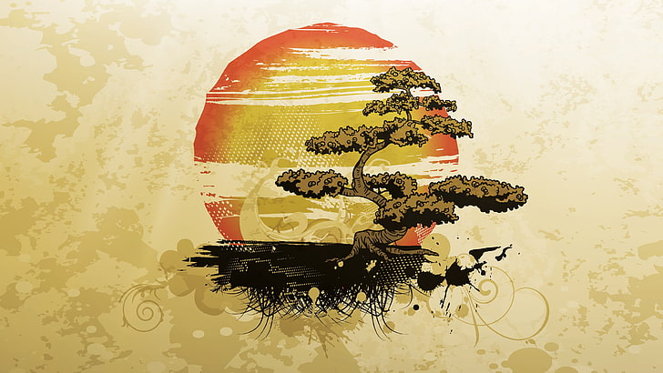 HD wallpaper: oriental tree art, sunset and trees illustration, digital art  | Wallpaper Flare