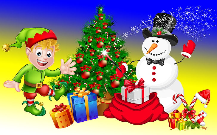 Snowman Magic Wand Bag With Gifts Christmas Tree With Decorations Desktop Hd Wallpaper For Pc Tablet And Mobile 3840×2400, HD wallpaper
