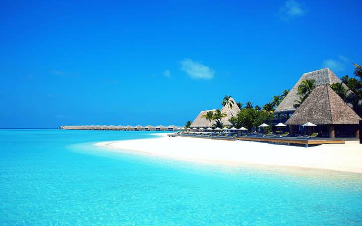 Maldives paradise, sky, Sea, sand, bungalows, beach, palm trees, HD wallpaper