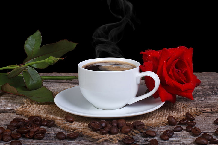 white ceramic coffee cup with saucer and red rose, flower, grain, HD wallpaper