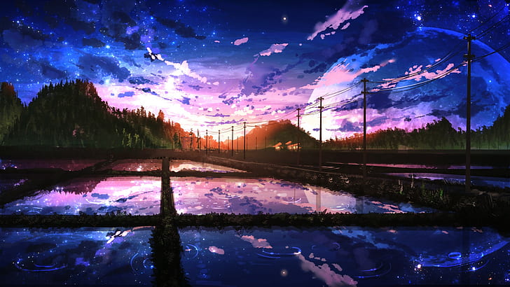 HD wallpaper: night, anime, water, Moon, Nobody, reflection, sunset,  landscape | Wallpaper Flare