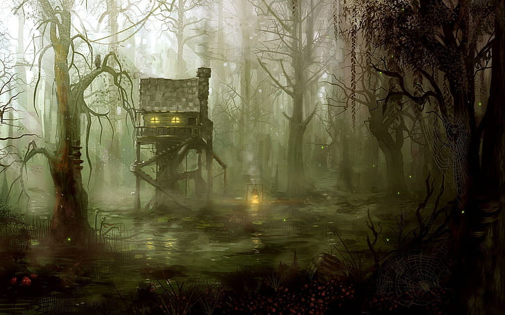 Spooky Treehouse, gothic, nature, halloween, dark, forest, pumpkins