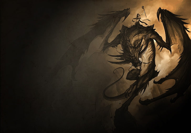 black and gray dragon illustration, fantasy art, creature, staff