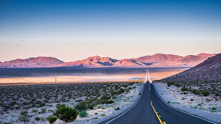 gray asphalt road, photography, desert, mountains, sky, transportation