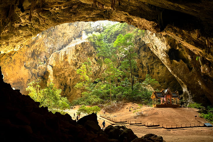 the sun, trees, stones, people, rocks, Thailand, cave, gazebo, HD wallpaper