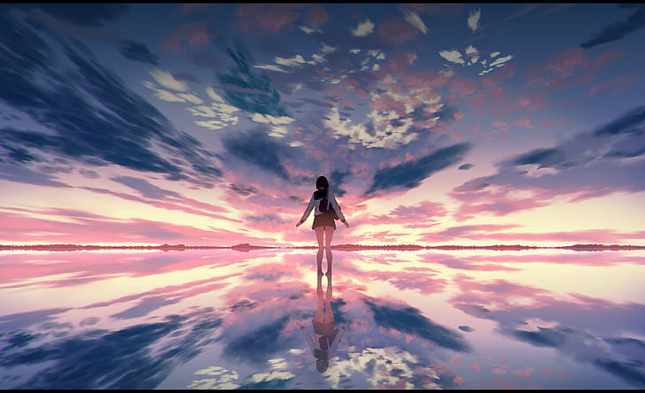 anime, anime girls, sky, reflection, sunlight, HD wallpaper