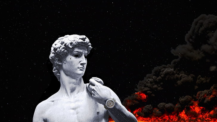 fire, Gold Watch, Marble, smoke, space, stars, Statue of David