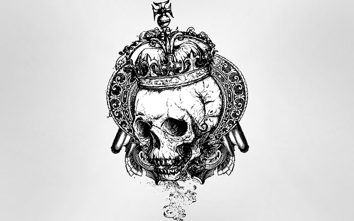 skull illustration, gray background, vector art, crown, metal, HD wallpaper