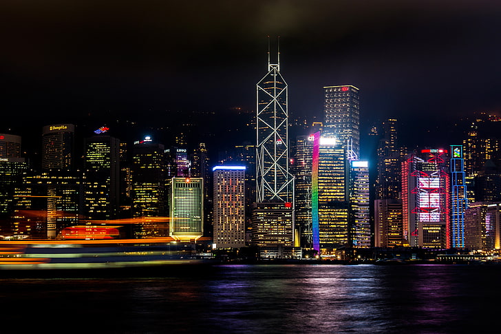 high-rise buildings, skyscrapers, night, shore, hong Kong, cityscape