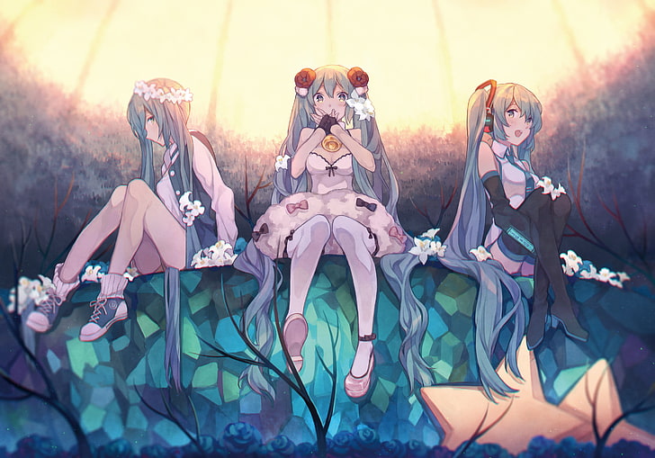 three female anime characters illustration, thigh-highs, Vocaloid