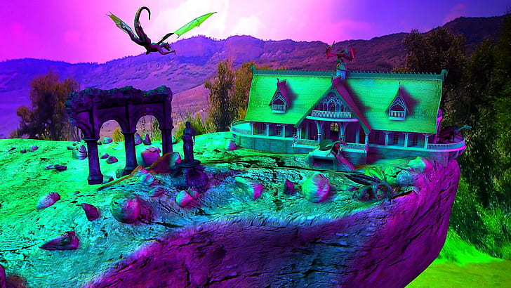 L Of Dragons, purple, blue, house, beautiful, ruins, mountains