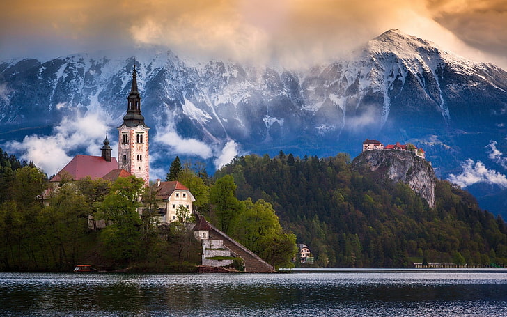 church near body of water and mountain during daytime, nature, HD wallpaper